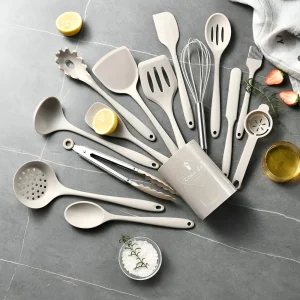 15-delars Silikon Köksredskapsset Khaki - Värmebeständiga Köksslevar & Stekspadar - Livsmedelsäkra & Diskmaskinssäkra