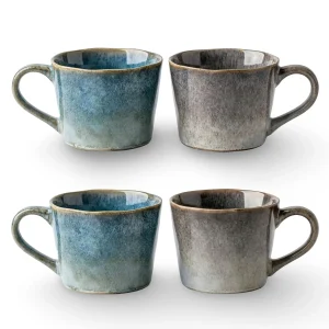 Set med 4 Vintage Keramiska Kaffe Muggar - 350ml, Seladon Glasyr, Rustik Design