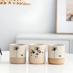 Keramik Kaffekoppset med Palmönster – 4 st. Espressokoppar – små kaffekoppar för espresso och te