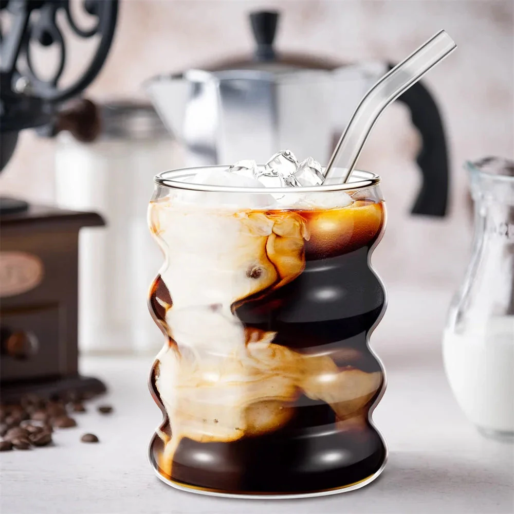 Elegant 4-delat set med glasmuggar - Genomskinliga räfflade dricksglas med sugrör för cocktails och frukt - Bild 6